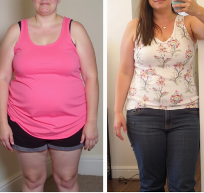 Woman in a pink tank top and shorts on the left; same woman in a floral tank top and jeans on the right, showing weight loss transformation.