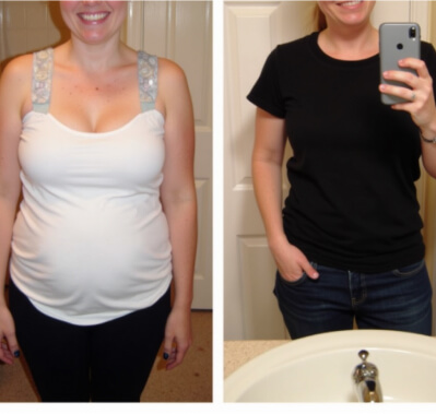 Side-by-side comparison of a person wearing a white top on the left and a black shirt on the right, showing a visible change in body size.
