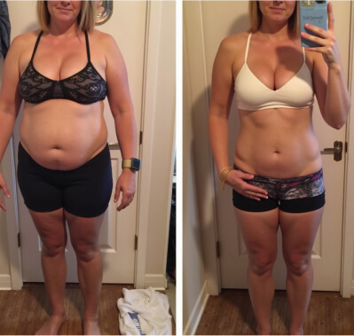 Two side-by-side images of a woman showing body transformation. Left image: woman in black sportswear; right image: woman in white sportswear, demonstrating noticeable weight loss.