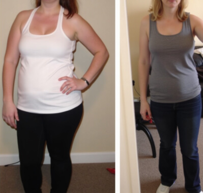 Two side-by-side images of a person wearing a tank top and pants. On the left, a white top and black pants. On the right, a gray top and blue jeans. Both images are indoors.