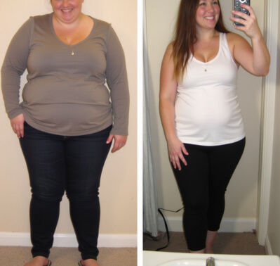 Before and after comparison of a woman. Left: wearing a gray shirt and jeans. Right: wearing a white tank top and black pants, smiling while taking a mirror selfie.
