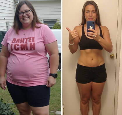 A side-by-side comparison shows a woman before and after significant weight loss; the left image shows her in a pink shirt, and the right shows her in workout attire giving a thumbs up.