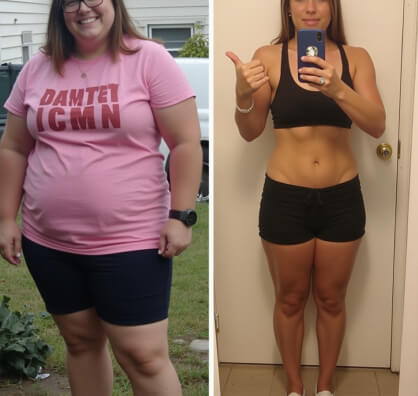 Side-by-side photos of a woman before and after weight loss; left shows her in a pink shirt and shorts, right shows her in athletic wear giving a thumbs up.