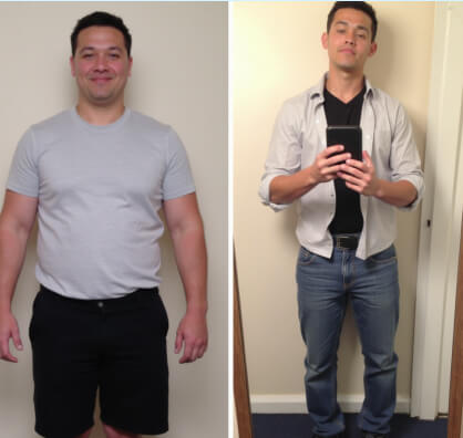 A man in a gray t-shirt and black shorts stands for a photo on the left; on the right, he wears jeans and a shirt, taking a mirror selfie.