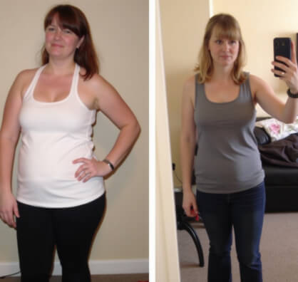 Side-by-side photos of a woman before and after weight loss; in the first, she wears a white tank top, in the second, a gray tank top and jeans, showing a slimmer appearance.