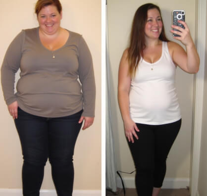 Two side-by-side photos show the same woman before and after weight loss. In the first, she wears a long-sleeve shirt; in the second, a sleeveless top and holds a phone for a mirror selfie.