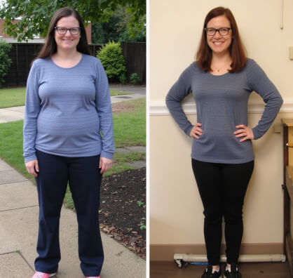 A woman stands outdoors in casual clothes in the left photo and indoors in similar attire in the right photo, showing a noticeable weight loss transformation.
