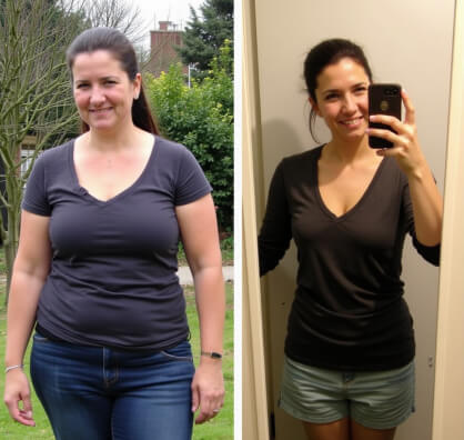 Side-by-side photos of a woman before and after weight loss, wearing similar dark tops and smiling in both images.