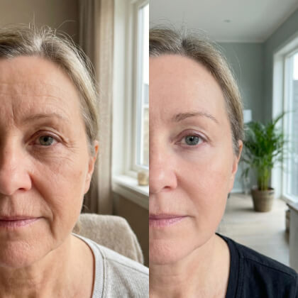 Split image showing an older woman’s face before (left) and after (right) a cosmetic treatment, highlighting smoother skin and reduced wrinkles in the after photo.