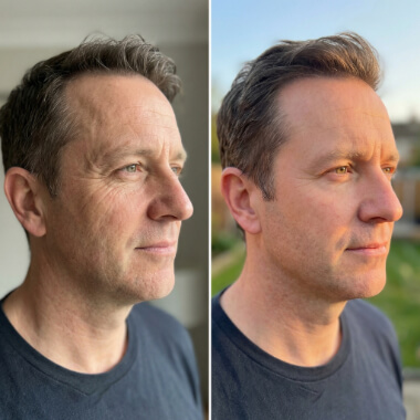 Side-by-side images of a man with short brown hair wearing a black shirt, looking to the left indoors in one photo and outdoors in the other.