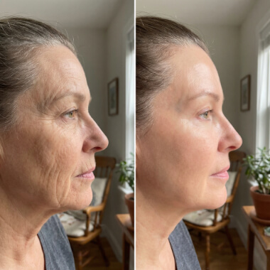 Side-by-side profile images of a woman; left side shows visible wrinkles and uneven skin tone, right side shows smoother, more radiant skin.