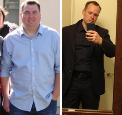 Two side-by-side images of a man. On the left, he is wearing a blue shirt and standing outdoors. On the right, he is wearing a black suit and taking a selfie in a mirror.