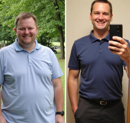 Two side-by-side photos of a man wearing polo shirts. Left: man in a light blue shirt outdoors. Right: man in a dark blue shirt taking a selfie indoors, appearing slimmer and smiling.