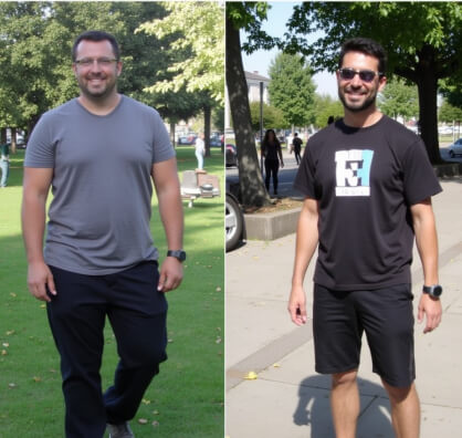 Two men smiling outdoors; the left man wears a gray shirt and dark pants on grass, and the right man wears a black shirt and shorts on a sidewalk.