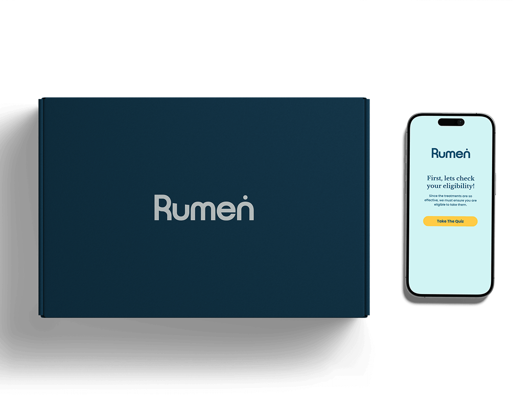 A dark blue box labeled "Rumen" sits next to a smartphone displaying the Rumen website with an eligibility check prompt and a yellow "Take The Quiz" button.