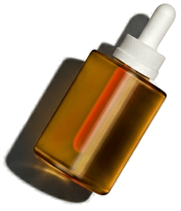 Amber glass dropper bottle with a white cap and pipette, filled with a yellow-orange liquid, casting a shadow on a white background.