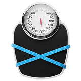 Analog bathroom scale with a blue measuring tape crossed over it.