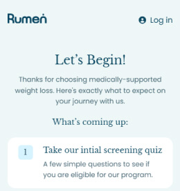 Weight loss program welcome screen with a prompt to take an initial screening quiz to check eligibility.