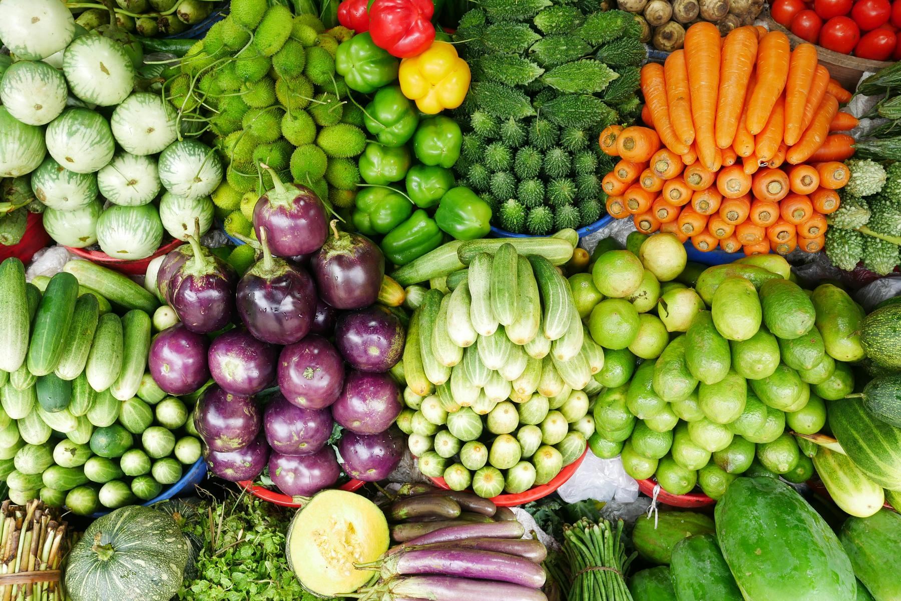 Various fresh vegetables including eggplants, cucumbers, carrots, bell peppers, and gourds are neatly arranged on a market stall.