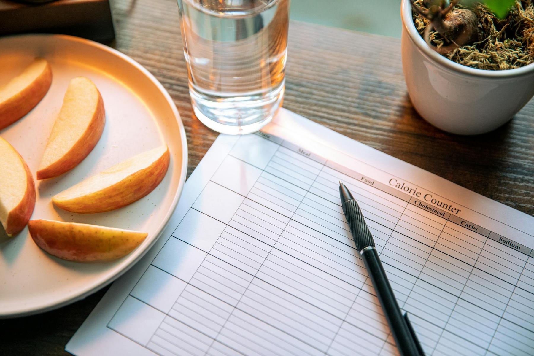A pen rests on a blank calorie counter sheet next to a glass of water, a plate of apple slices, and a potted plant on a wooden table.