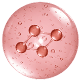 A pink translucent gel-like circular substance with small bubbles and a molecular structure diagram in the center.