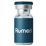 A small glass vial with a blue label and blue cap displaying the word "Rumen.