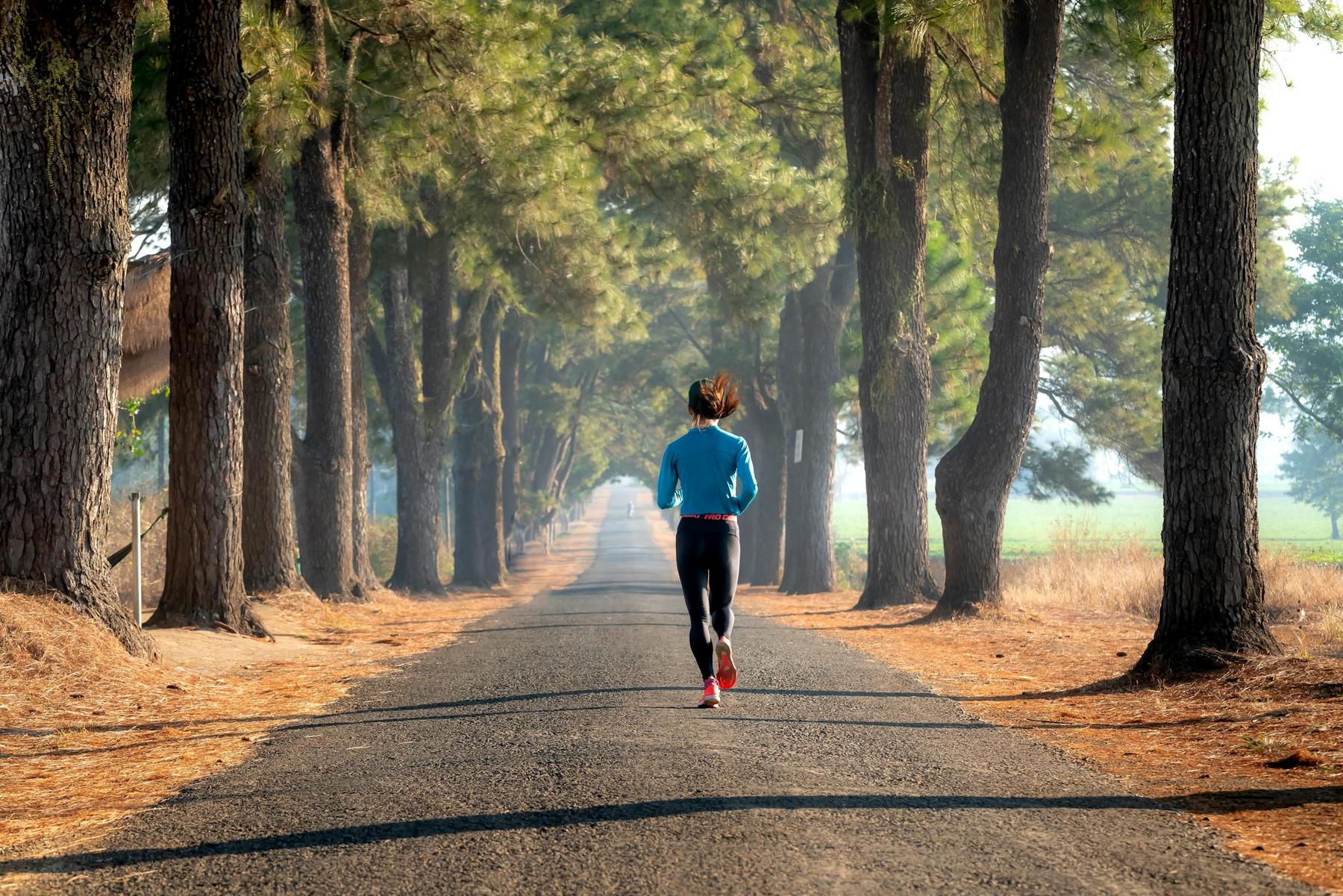 A person runs down a tree-lined road on a clear day, with tall pine trees on both sides and dry leaves scattered along the path.