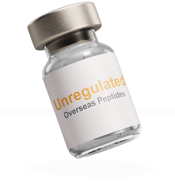 A small glass vial with a metallic cap labeled "Unregulated Overseas Peptides" against a plain white background.